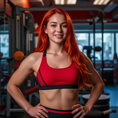 A young Latina woman with vibrant red hair, glowing warm skin, and a fit athletic physique. She is wearing a sleek, red-and-black fitness outfit, standing confidently in a gym with modern equipment in the background. Her expression is confident and approac...