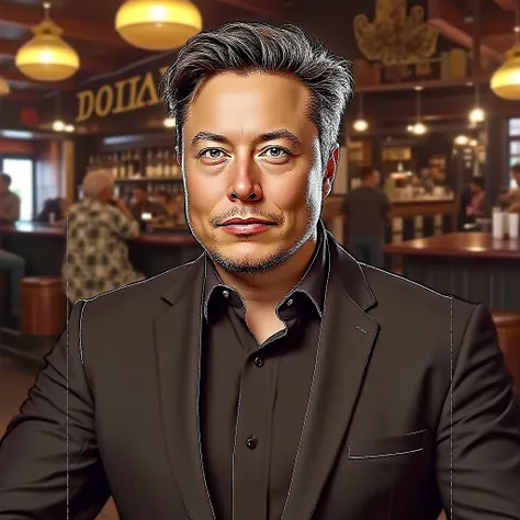 "Realistic image of a man resembling Elon Musk dressed in a cowboy outfit, sitting casually in an old Western-style saloon bar while enjoying a drink. The setting includes rustic wooden furniture, a well-stocked bar behind him, warm ambient lighting, and o...