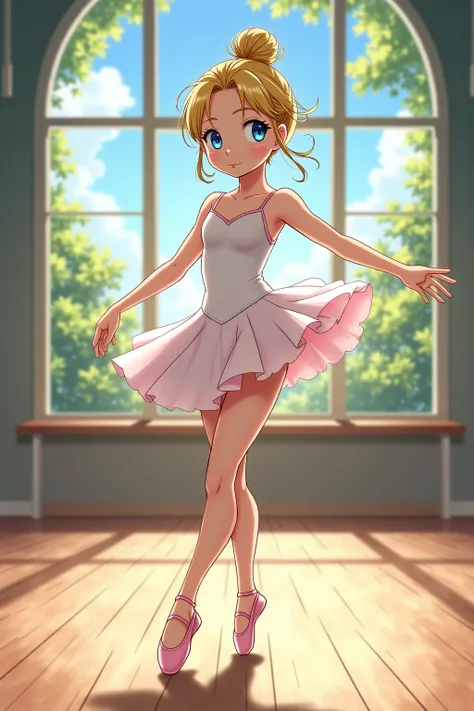 A blonde ballerina in a studio, in full view in a highly detailed anime style