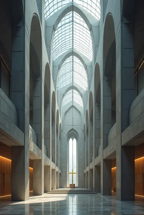  Create a basilica inspired by the Sagrada Familia and Notre Dame,  but with a modern and brutalist design , The domes are made of glass and have a giant cross 