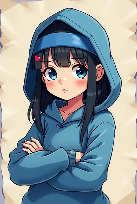  girl in cartoon style on 2D paper with blue sweater with a lowered hood straight and black hair with a blue part light skin and red ninja feel