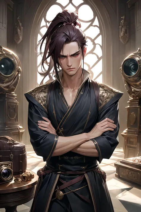 masterpiece, semi-realistic. He is a male. He is a king. It is the 1600s. He is standing with his arms crossed and a pissed expression. He is looking down at the camera His hair is tied in a high ponytail, his hair is black but at the tips of his hair is a...