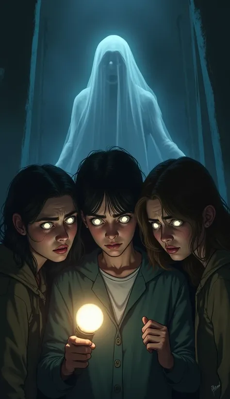 Terrified Reactions The group of friends huddled together in fear, their faces pale and eyes wide as they stare at the ghost. One of them clutches a flashlight that flickers weakly