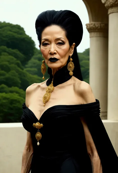 62 year old THIN BODY GLAMOUR elderly woman, elderly model "china machado". FULL BLACK GOTHIC HAIR LONG HAIR. completely pale gothic skin. black gothic lipstick. SHE IS WEARING A BLACK TRANSLUCENT ROMAN TOGA, WITH GOLDEN BANDS. JEWELLS GOLDEN ARMS AND NECK...