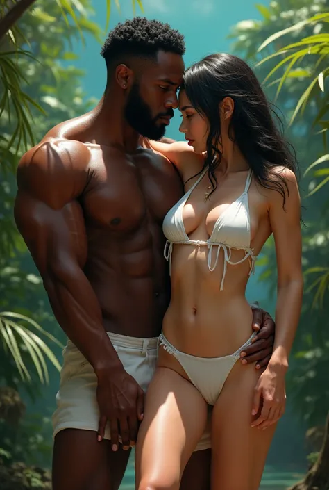 African man holding the thigh of a Japanese woman wearing a white bikini