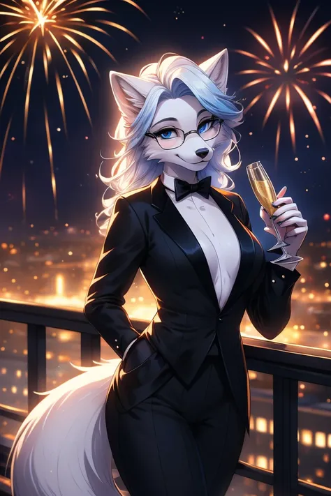 beautiful and ultra-detailed, lighting cinematic, seductor, (female anthro arctic fox), character focus:1.5), sexy, posing, seductive, fall in love girl, blue eyes, glasses, long white and blue hair, fancy hair, ((wearing a mems tuxedo)), on a balcony, fir...