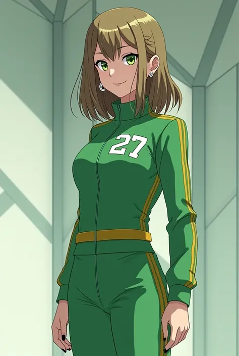 "A real teenage girl modeled after a character from the Squid Game series, wearing the iconic green tracksuit numbered 027. She has medium-length light brown hair with olive streaks, striking green eyes, silver earrings, and black nail polish. The backgrou...