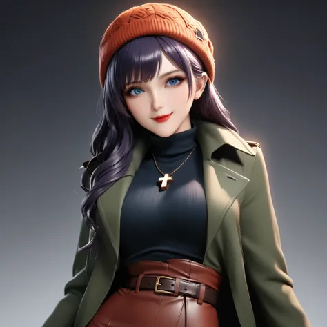 portrait quality, 8k,masterpiece, CGSTATION, hyper CG style, A 8k anime drawing style, 3D rendering, INTRICATE, hyper detailed, blue eyes, dark purple hair, hair long, MISATO KATSURAGI, medium bust, shiny skin, 27 years old, a woman, navel, sensual smile, ...