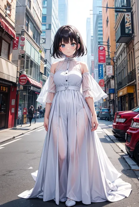 A woman dressed in white who is at least 2 meters tall