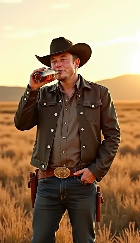 "Realistic image of a man resembling Elon Musk dressed in a cowboy outfit, standing outdoors in a wide open field. He is drinking from a whiskey bottle, with a relaxed, carefree expression. The background features a vast, sunlit landscape with grassy plain...