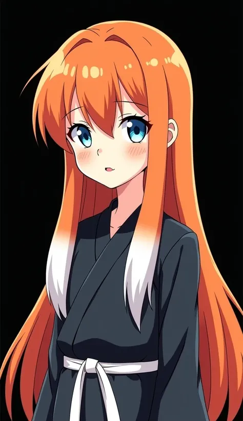  Female character in the style of Jujutsu Kaisën created by Gegê Akutami and designed by the studio MAPPA 2D 8K young girl with a slender appearance and beautiful full body, long fire-colored orange hair and very smooth with two highlighted white locks tha...