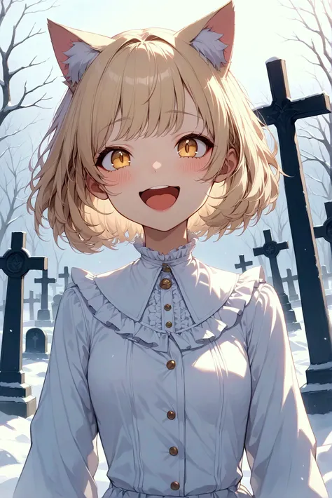  One Girl , solo,  shortcuts,  bob hair, Blonde, Cat ears,With the snowy graveyard in the background, light clothing, small tits, girl, golden eyes, masterpiece,  anatomically correct ,  top quality , accurate,  Textured Skin, Laughing/ good laugh, 