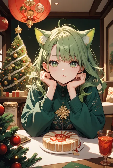 1girl,gen green hair, cat ears, green eyes, green ears,loose hair,Celebrating New Years Eve with friends at home at a table near a decorated Christmas tree
