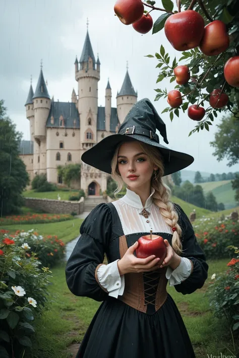  A witch with a red apple in her hand , All in white in the rain , medieval castle