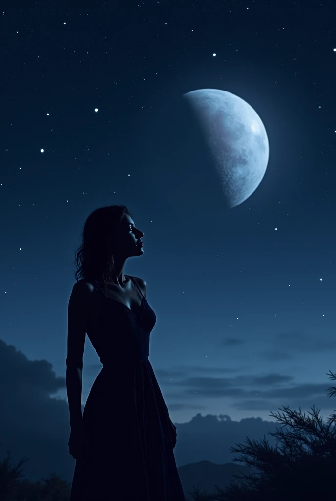  image of a woman in a nighttime setting,  with a dazzling starry sky background .  It must be in a quiet pose , looking at the sky,  as if in contemplation or reflection .  The surrounding sky must be vast and deep ,  with stars shining softly ,  creating...