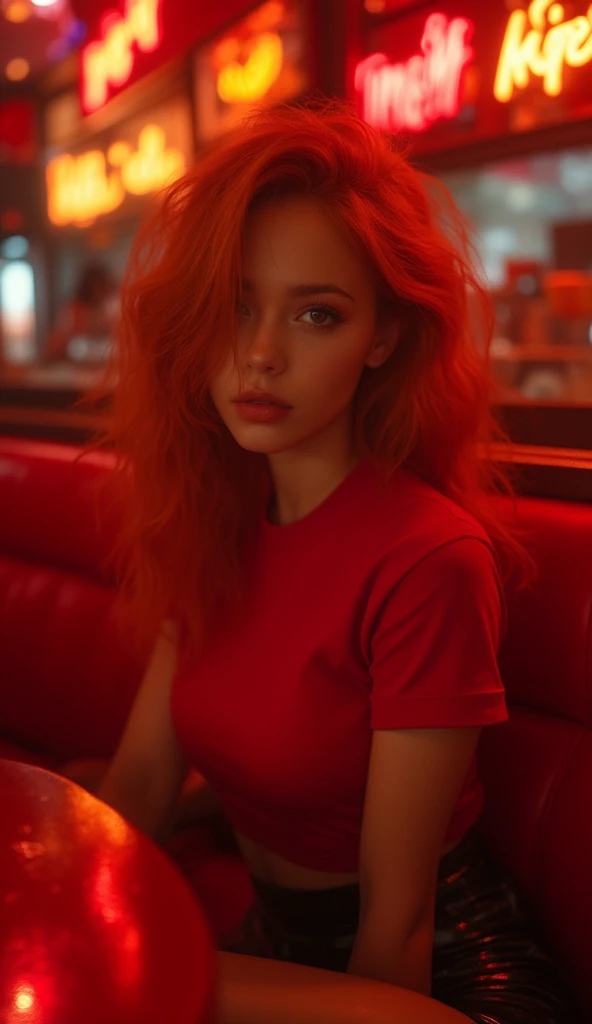  Professional photo taken by Tim Walker of an 18-year-old redheaded model，Model wearing latex miniskirt and red t-shirt  , Thick lines,  high detail, Dark limited color palette,  WARM NATURAL LIGHT , Movie, Film Grain, Depth of Field, ( intricate details ,...