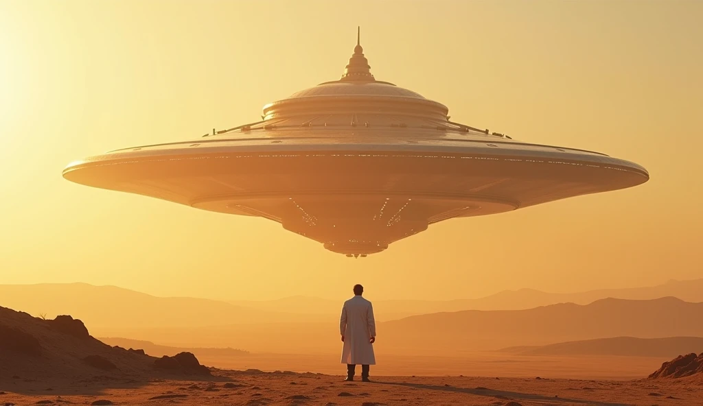 REALISTIC IMAGE OF "A shimmering spaceship descends silently into the vast desert at sunrise, bearing advanced alien observers intrigued by humanitys "primitive" leadership. Amid chaos and doubt, a quiet doctor unwittingly becomes the bridge between two wo...