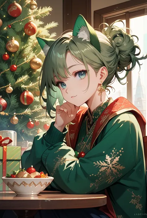 1girl,gen green hair, cat ears, green eyes, green ears,loose hair,celebrates the new year with 1 girl brown hair,hairstyle,ears,silver earrings ,blue eyes, at home at a table near a decorated Christmas tree