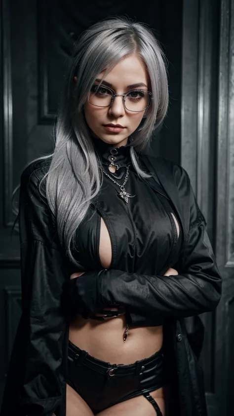 Sexy, silver hair, wearing glasses, gothic, gothic background