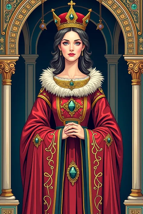 playing card Queen, illustration, color line art, medieval style.

