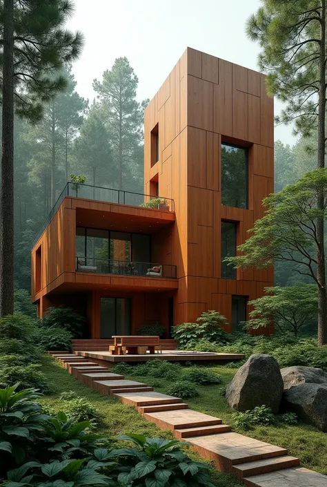  A house made of rectangular prisms with the theme of the forest and the tower. The color is brown green and orange gray