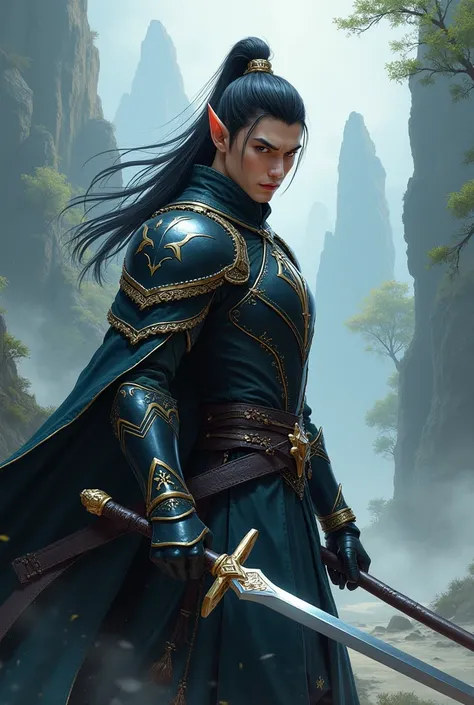 A male elf who is a DnD Fighter and is wielding a rapier. He is wearing a dark armor. Make him manhua Xianxia protagonist style