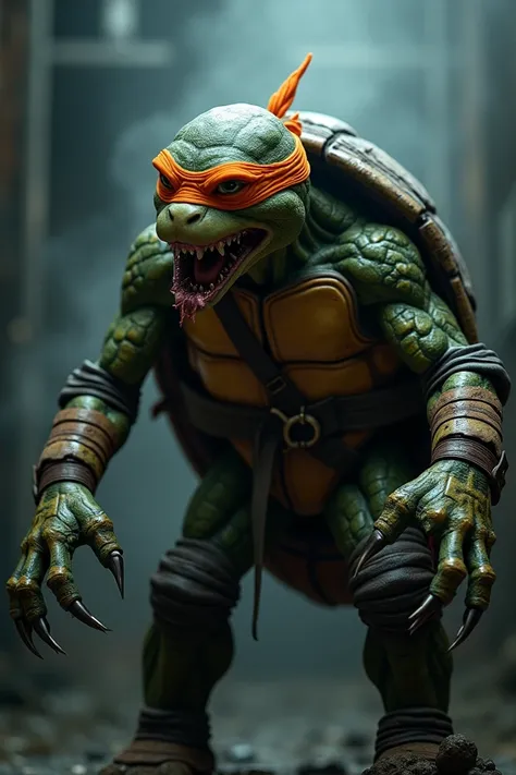 Now merge Michelangelo, the ninja turtle in the orange eye ribbon, with Freddy Krueger and transform it into a single terrifying character, keep some of the characteristics of a turtle. 