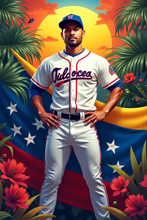 Create me a magazine cover depicting the pride of being Venezuelan with Miguel Cabrera, In a lively and colorful way 