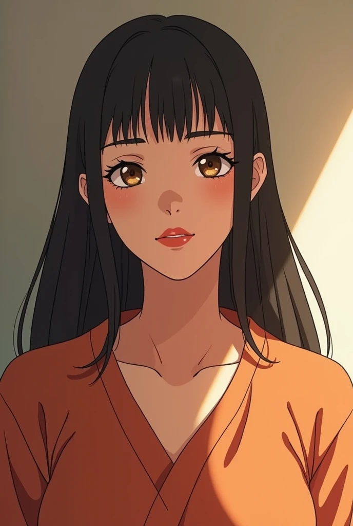 Create female anime character,  straight black hair , Small brown eyes of an indigenous, big lips, age 50 years,  a bit chubby ,  fair skin , roasted fine