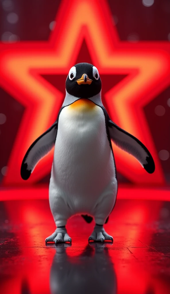 "An ultra-realistic DSLR full-body, low-angle shot of a cute black-and-white penguin with a vibrant yellow beak dancing adorably on the iconic stage of America’s Got Talent. The penguin sways rhythmically, its tiny flippers adding charm and humor to its pe...