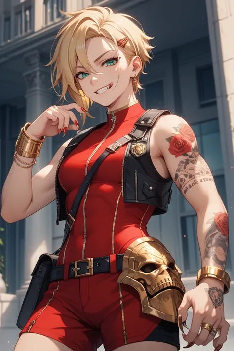 Young , longue blonde hair, Hair clip with a package, turquoise eyes,  yakuza tattoos , tight red uniform , sleeveless,  Wide neckline from chest to abdomen, golden elements, Red gold armor, shorts, claws, smirk,  masterpiece ,  high quality, 4K, HD, Good ...