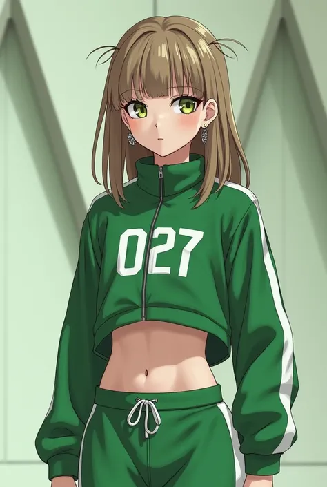 "A real teenage girl modeled after the character from the Squid Game series, wearing the iconic green tracksuit but revealing her stomach with the number 027. She has medium-length light brown hair that reaches the middle of her back, half up and half down...