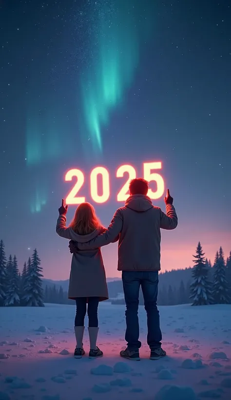 A Adult Boy And A Beautiful Girl Standing Together, Holding "2025" New Year Logo, Celebrating New Year, Seeing The Sky, Standing In A Peace Place, Snow, Snowy Surface, Dark Night, Beautiful Stars, Milky Way Sky, Auroras, Realistic, Cinematic 