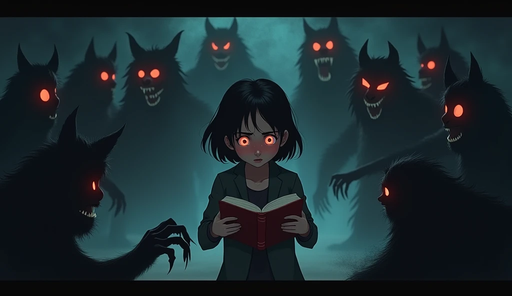 Shadows are gathering in the form of a circle around Zari. Their red, shining eyes and pointed paws stand out. Zari looks scared holding the book firmly."
