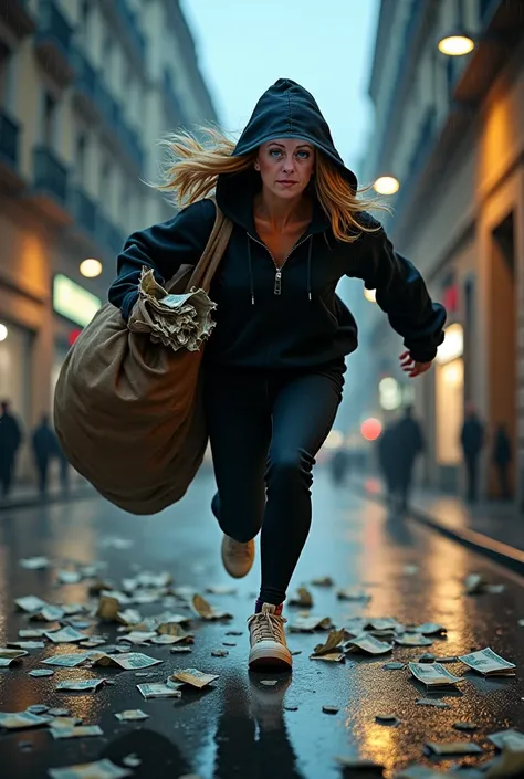 Female thief, blonde, wearing a sweatshirt and hood, runs fast carrying a huge sack on her shoulders full of Euros  and stolen goods that fall to the ground, she smiles evilly thinking about all the thefts committed. She moves furtively with caution in a s...