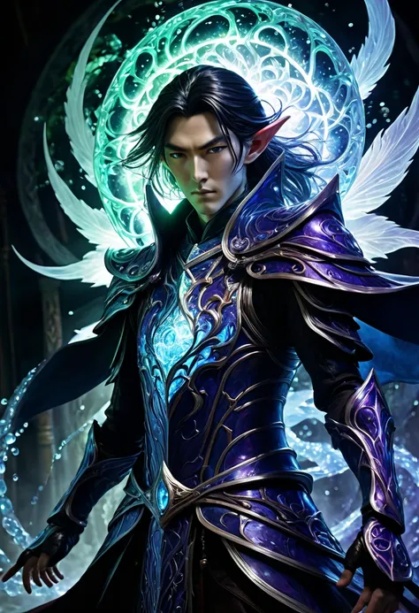 Eldritch elven archmage, complex blood crystal armor, arcane energies whirling around him, chiaroscuro lighting, Yoshitaka Amano meets Artgerm style, extremely detailed 