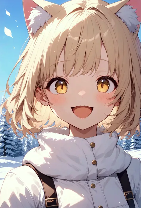  一人の girl  , Alone,   shortcuts,   bob hair,  blondes, cat ears,With snowy auroras in the background, Light clothing,  Small Boobs ,  girl ,  golden eyes, masterpiece,   anatomically correct  ,   Top Quality  , Accurate,   Textured Skin,  Laughing / Good l...