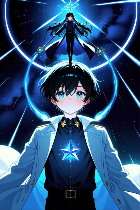 Young man, with long black hair, darkish blue button-down shirt, white coat loosely on him, floating in the air, holding a blue staff that has a metallic gold star, Milkyway in the sky, energy swirling around him