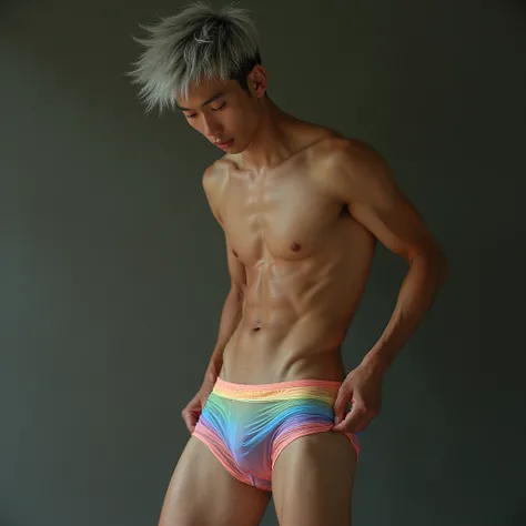 live-action, surreal,photograph, super high image quality,A handsome Japanese man in his 20s wearing extremely transparent rainbow-colored transparent boxer shorts made of extremely thin organza material with a high sense of transparency that sticks perfec...