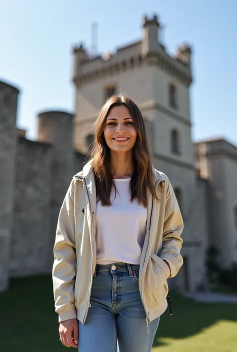 A young woman posing in front of a medieval castle on a clear day. She is wearing a casual but stylish outfit, with a light jacket and jeans. Her face is illuminated by the sunlight, showcasing her clear expression as she looks directly into the camera. Th...