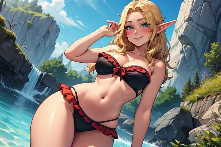 (masterpiece, high quality, highly detailed), 1girl, solo, elf, pointed ears, smile, cleavage, perfect body, long blonde hair, (blush:1.2), thighs, strapless, bare shoulders, navel, midriff, (bikini:1.2), frills, looking at viewer, outdoors