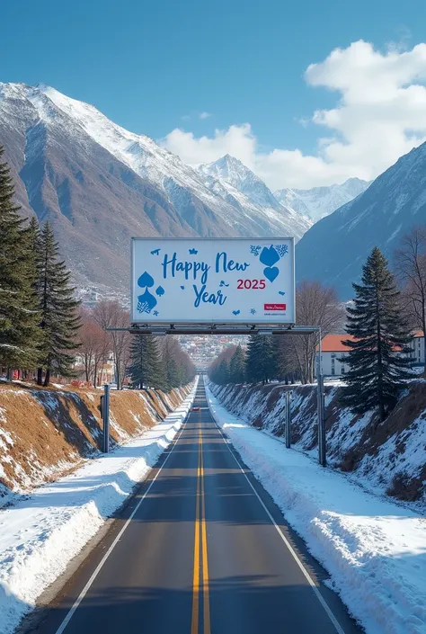 "On a large billboard along the roadside, write "Happy New Year 2025"
 "wish that the new year brings peace"
happiness, and prosperity to all.

This masseg being in tow languge Dari and Engilsh,

a beautiful image of Kabul’s road with tall mountains, beaut...