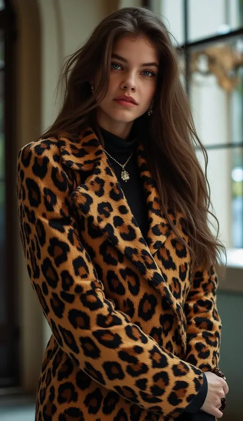 Portrait, winter fashion: luxe leopard  print  elegance 