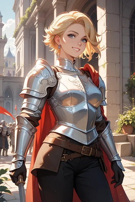 woman alone,  blonde hair,  Short and spiky hair, delicate armor, knight, Fantasy,  ironic smile,  black pants , black gloves