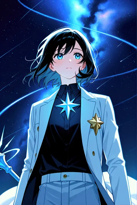 Young man, with long black hair, darkish blue button-down shirt, white coat loosely on him, floating in the air, holding a blue staff that has a metallic gold star, Milkyway in the sky, energy swirling around him, man not girl, no star on chest