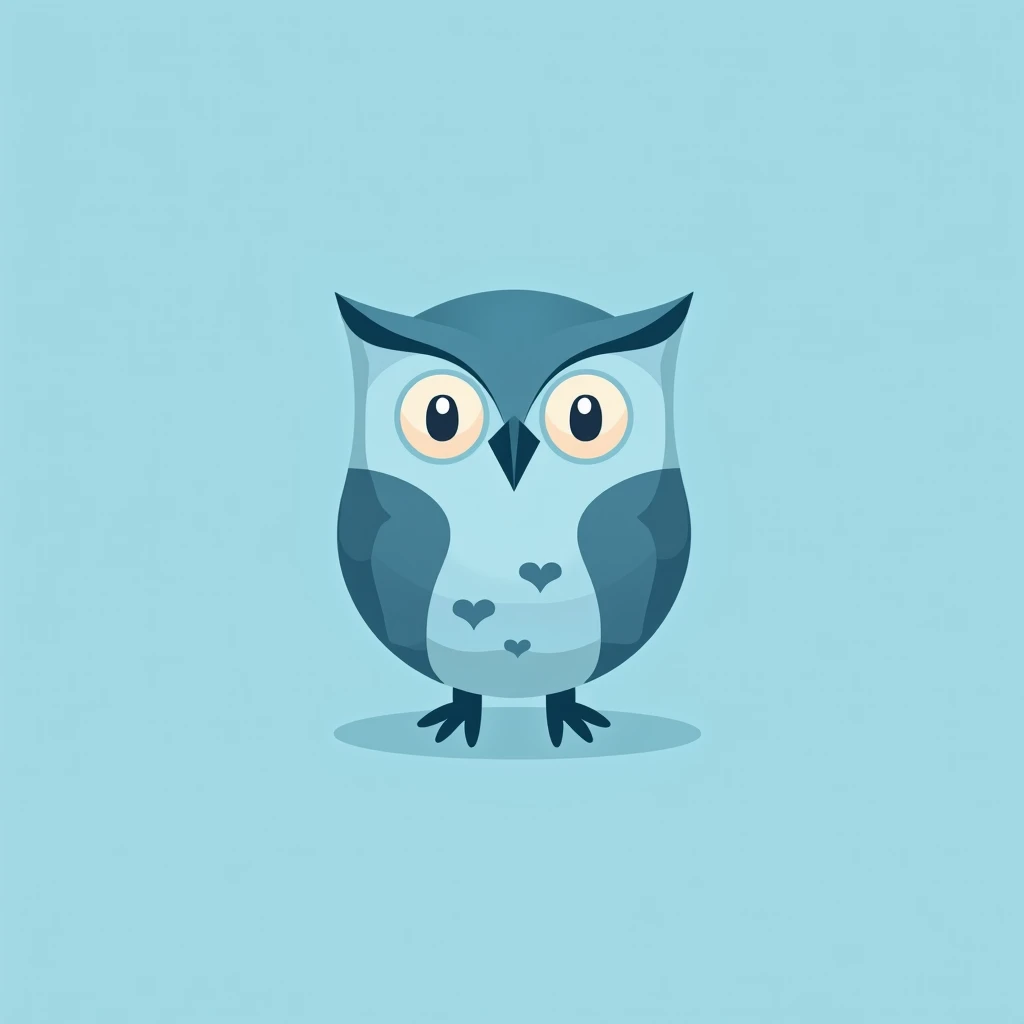 A minimalist logo with a stylized owl, designed with soft and modern strokes. The owl has highlighted eyes, representing vision and wisdom, and is on a light blue background. 