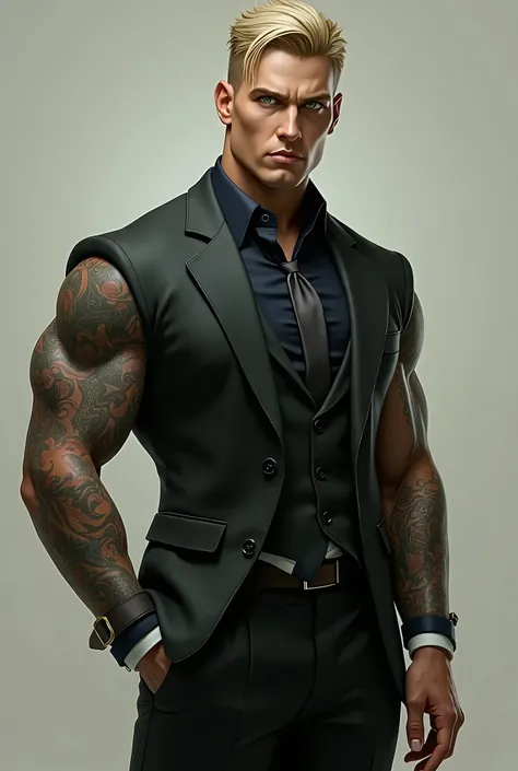 a white man, high, elegant, with muscles,vestido de traje elegant, with tattoos on arms , green eyes, short blonde hair, with a bad face