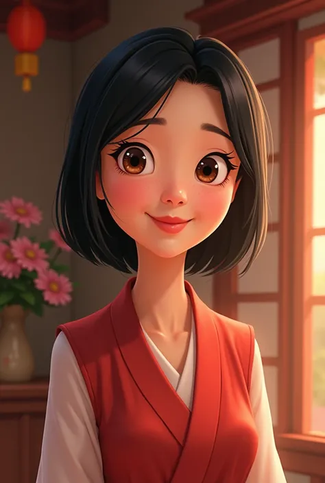  Create female cartoon character, disney style,  straight black hair , no bangs, small brown eyes, oriental eyes, big lips, aged 50,  a bit chubby ,  fair skin , roasted fine, Similar to Mulan