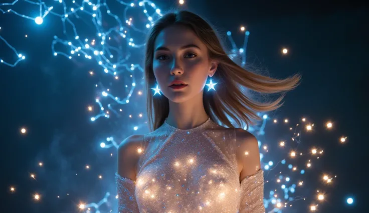 A woman surrounded by floating constellations, her glowing earrings shaped like stars. Her futuristic dress sparkles as if woven from the night sky