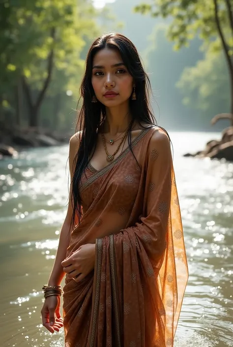 Create a full-body portrait of a beautiful bangladeshi woman taking a bath in a serene river. She has long, straight dark brown hair, slightly wavy at the ends, which is wet and clings to her face and shoulders. Her eyes are large, almond-shaped, and dark ...